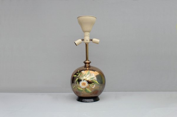 Italian Gilt Pottery Table Lamp with Floral Decor from Ghinza, 1970s-DUM-1742659