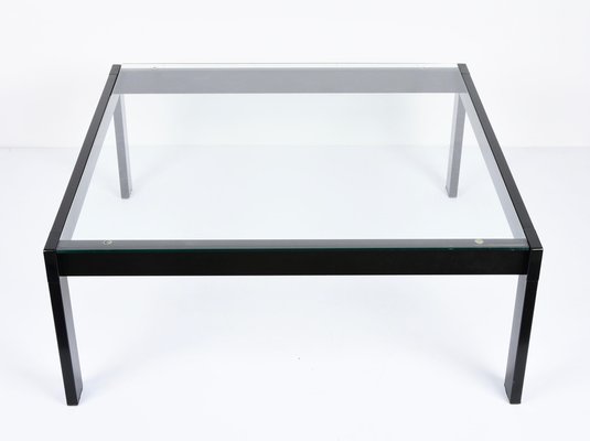 Italian Glass and Enamelled Black Metal Coffee Table by Gae Aulenti for Zanotta, 1970s-JDR-1125425