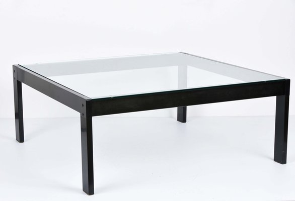 Italian Glass and Enamelled Black Metal Coffee Table by Gae Aulenti for Zanotta, 1970s-JDR-1125425