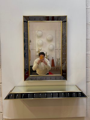 Italian Glass & Brass Mirror & Console Set from Cristal Art, 1960s, Set of 2-FUE-843547