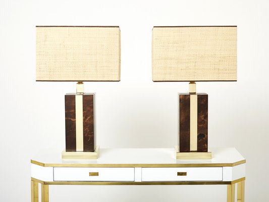 Italian Goatskin, Brass and Rattan Table Lamps from Aldo Tura, 1970s, Set of 2-YJA-1373552