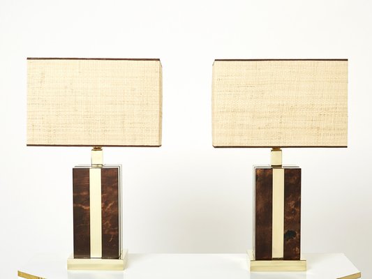 Italian Goatskin, Brass and Rattan Table Lamps from Aldo Tura, 1970s, Set of 2-YJA-1373552