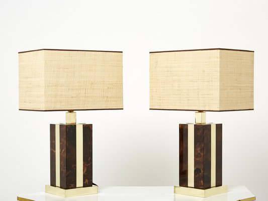 Italian Goatskin, Brass and Rattan Table Lamps from Aldo Tura, 1970s, Set of 2-YJA-1373552