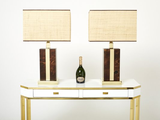 Italian Goatskin, Brass and Rattan Table Lamps from Aldo Tura, 1970s, Set of 2-YJA-1373552