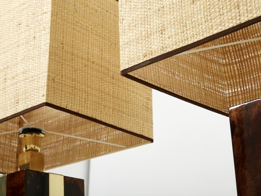 Italian Goatskin, Brass and Rattan Table Lamps from Aldo Tura, 1970s, Set of 2-YJA-1373552