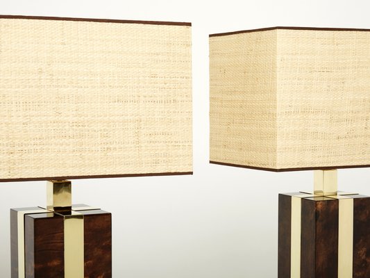 Italian Goatskin, Brass and Rattan Table Lamps from Aldo Tura, 1970s, Set of 2-YJA-1373552