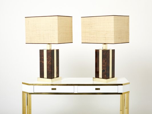 Italian Goatskin, Brass and Rattan Table Lamps from Aldo Tura, 1970s, Set of 2-YJA-1373552