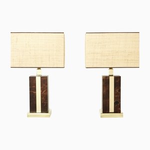 Italian Goatskin, Brass and Rattan Table Lamps from Aldo Tura, 1970s, Set of 2-YJA-1373552