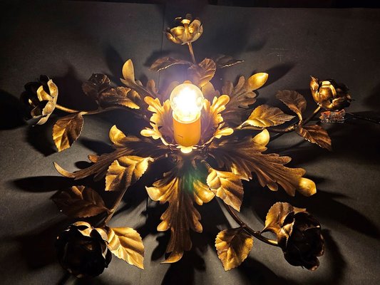 Italian Gold Flush Mount Ceiling Lamp with Roses and Acanthus Leaves-URP-1782443