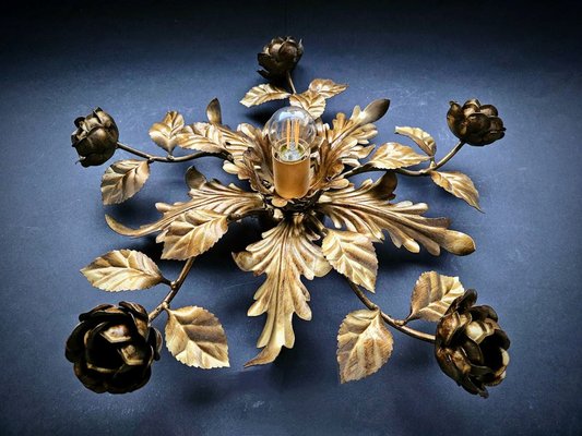 Italian Gold Flush Mount Ceiling Lamp with Roses and Acanthus Leaves-URP-1782443