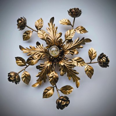 Italian Gold Flush Mount Ceiling Lamp with Roses and Acanthus Leaves-URP-1782443