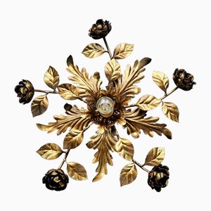 Italian Gold Flush Mount Ceiling Lamp with Roses and Acanthus Leaves-URP-1782443