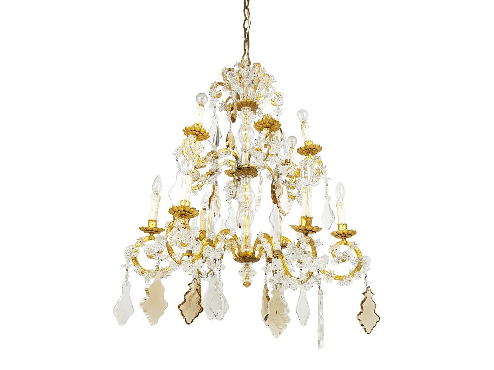 Italian Gold Leaf Metal and Faceted Crystal Sconces with Stars and Obelisks Decor, 1930s, Set of 2