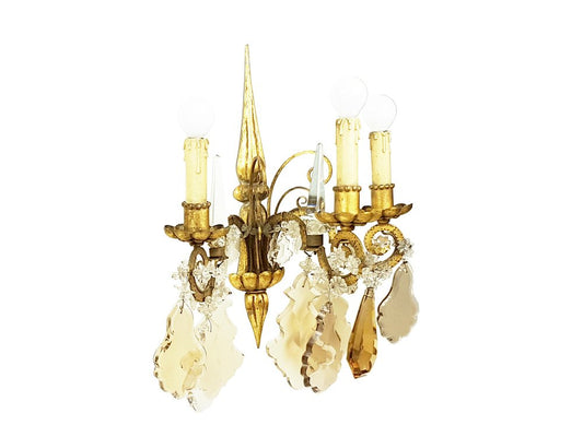 Italian Gold Leaf Metal and Faceted Crystal Sconces with Stars and Obelisks Decor, 1930s, Set of 2