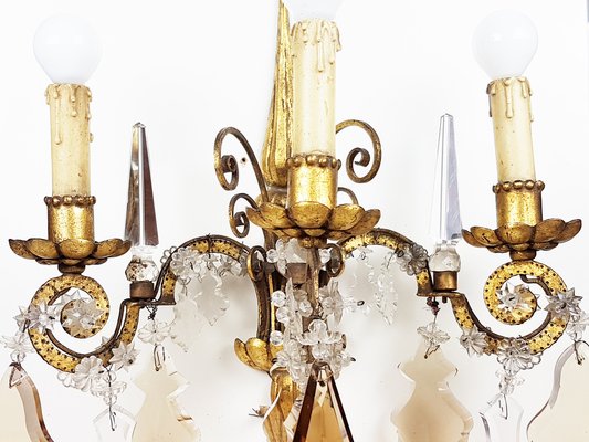 Italian Gold Leaf Metal and Faceted Crystal Sconces with Stars and Obelisks Decor, 1930s, Set of 2-RD-1722470