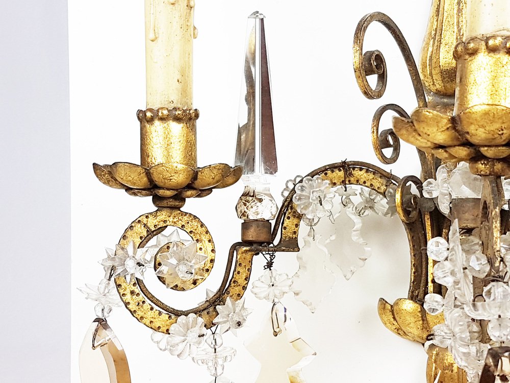 Italian Gold Leaf Metal and Faceted Crystal Sconces with Stars and Obelisks Decor, 1930s, Set of 2