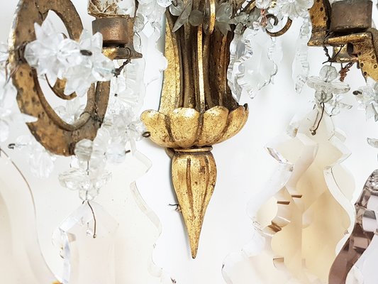 Italian Gold Leaf Metal and Faceted Crystal Sconces with Stars and Obelisks Decor, 1930s, Set of 2-RD-1722470