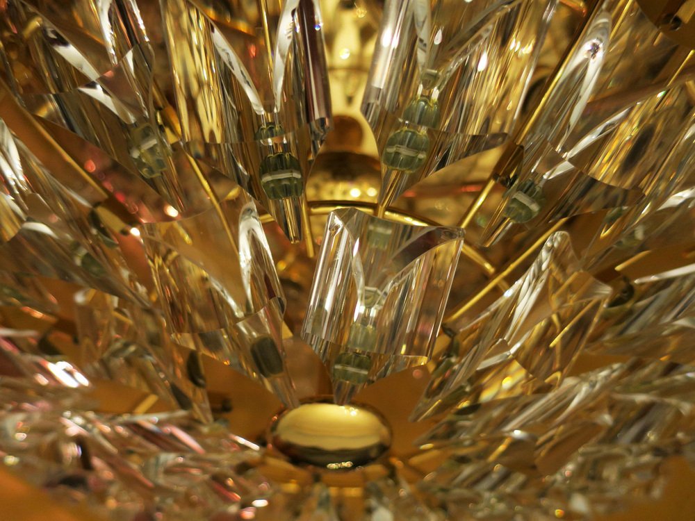 Italian Gold-Plated Brass and Crystal Chandelier from Stilkronen, 1970s