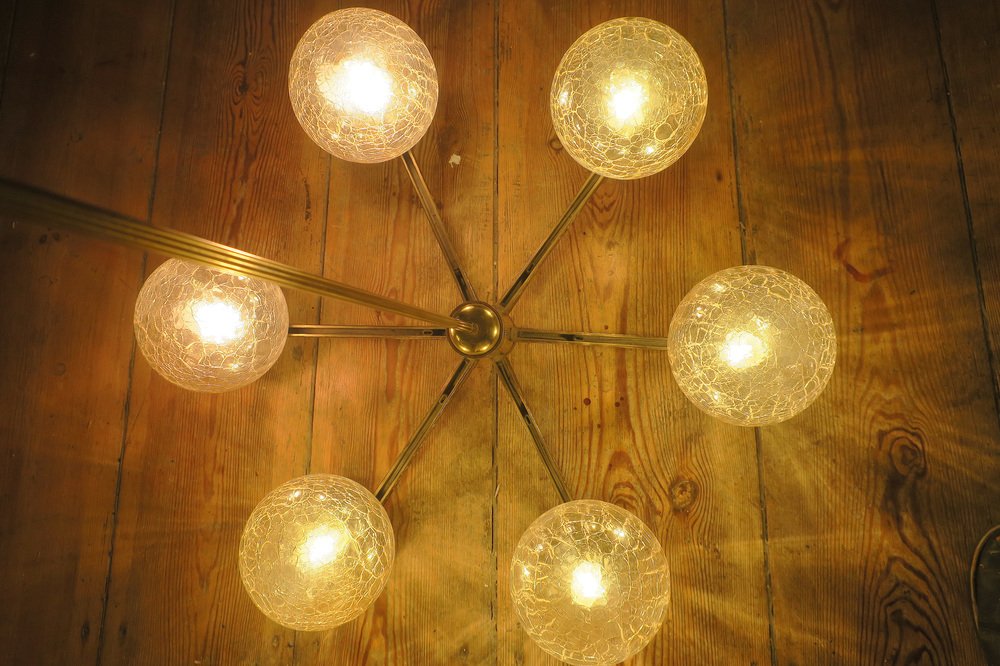 Italian Gold-Plated Brass Chandelier with 6 Crackle-Glass Globes by Angelo Brotto for Esperia, 1970s