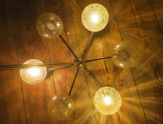 Italian Gold-Plated Brass Chandelier with 6 Crackle-Glass Globes by Angelo Brotto for Esperia, 1970s-ED-1792299