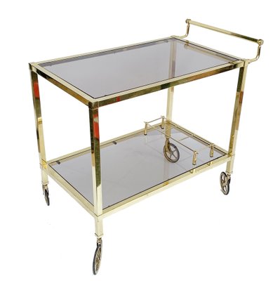 Italian Gold-Plated Smoked Glass Brass Bar Cart on Two Levels, 1970s-JDR-1126180