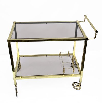 Italian Gold-Plated Smoked Glass Brass Bar Cart on Two Levels, 1970s-JDR-1126180