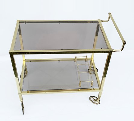 Italian Gold-Plated Smoked Glass Brass Bar Cart on Two Levels, 1970s-JDR-1126180