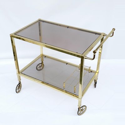 Italian Gold-Plated Smoked Glass Brass Bar Cart on Two Levels, 1970s-JDR-1126180