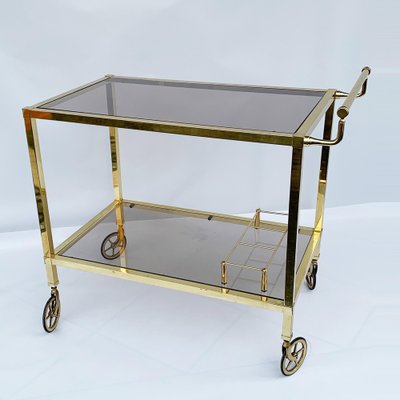 Italian Gold-Plated Smoked Glass Brass Bar Cart on Two Levels, 1970s-JDR-1126180