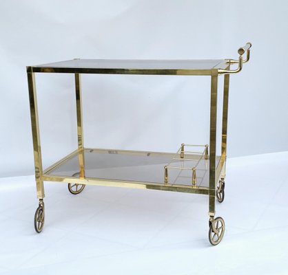 Italian Gold-Plated Smoked Glass Brass Bar Cart on Two Levels, 1970s-JDR-1126180