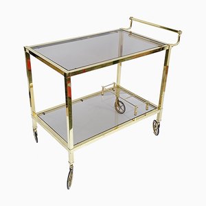 Italian Gold-Plated Smoked Glass Brass Bar Cart on Two Levels, 1970s-JDR-1126180