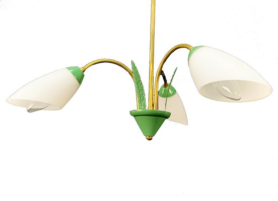 Italian Green Enamel Metal, Brass and Opal Glass Pendant Light from Stilnovo, 1950s-JDR-1125982