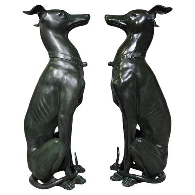 Italian Greyhound Statues in Green Patinated Bronze, 1950s, Set of 2-FDW-2039597