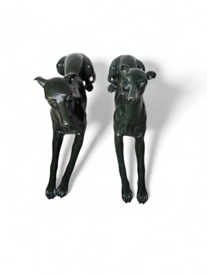 Italian Greyhound Statues in Green Patinated Bronze, 1950s, Set of 2-FDW-2039599