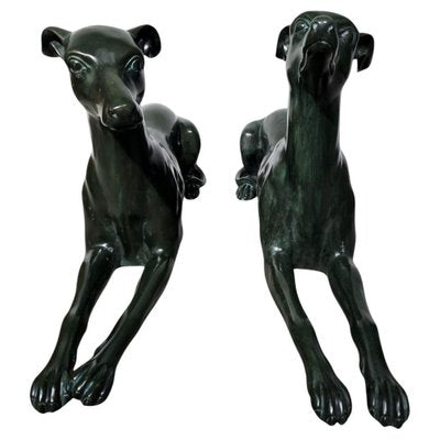 Italian Greyhound Statues in Green Patinated Bronze, 1950s, Set of 2-FDW-2039599