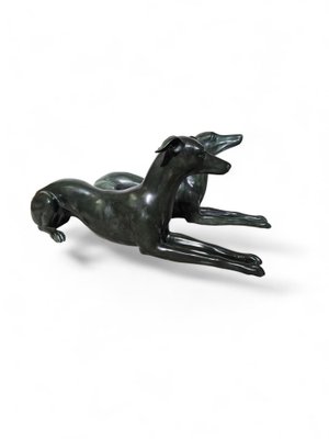 Italian Greyhound Statues in Green Patinated Bronze, 1950s, Set of 2-FDW-2039599