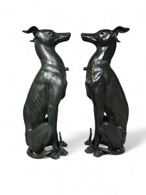 Italian Greyhound Statues in Green Patinated Bronze, 1950s, Set of 2-FDW-2039597