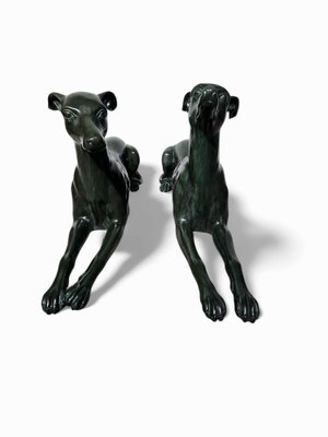 Italian Greyhound Statues in Green Patinated Bronze, 1950s, Set of 2-FDW-2039599