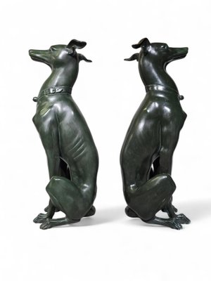 Italian Greyhound Statues in Green Patinated Bronze, 1950s, Set of 2-FDW-2039597