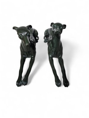 Italian Greyhound Statues in Green Patinated Bronze, 1950s, Set of 2-FDW-2039599