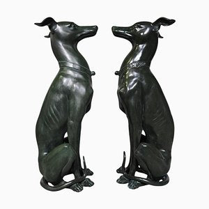 Italian Greyhound Statues in Green Patinated Bronze, 1950s, Set of 2-FDW-2039597