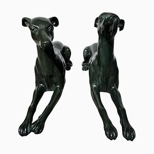 Italian Greyhound Statues in Green Patinated Bronze, 1950s, Set of 2-FDW-2039599