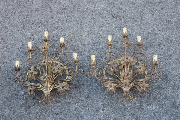 Italian Hand-Forged Metal Wall Lights with Aged Gold Finish, 1950s, Set of 2-EH-1180595