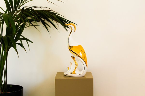 Italian Heron Figure in White and Gold Lacquered Ceramic from Ahury, 1970s-OAQ-1373451