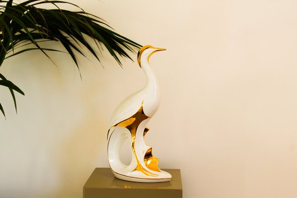 Italian Heron Figure in White and Gold Lacquered Ceramic from Ahury, 1970s-OAQ-1373451