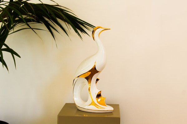 Italian Heron Figure in White and Gold Lacquered Ceramic from Ahury, 1970s-OAQ-1373451