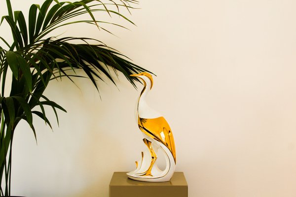 Italian Heron Figure in White and Gold Lacquered Ceramic from Ahury, 1970s-OAQ-1373451