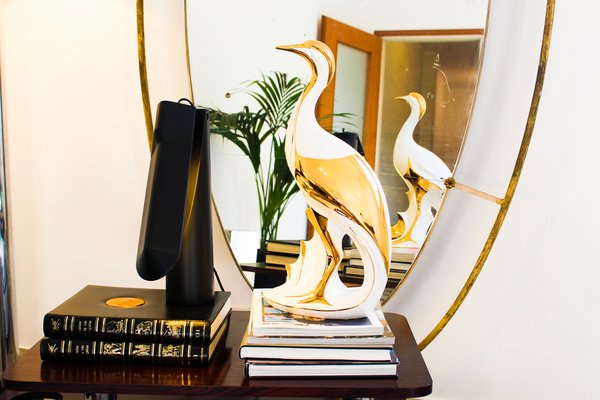 Italian Heron Figure in White and Gold Lacquered Ceramic from Ahury, 1970s-OAQ-1373451