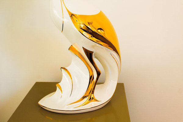 Italian Heron Figure in White and Gold Lacquered Ceramic from Ahury, 1970s-OAQ-1373451