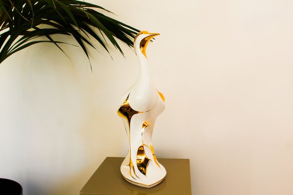 Italian Heron Figure in White and Gold Lacquered Ceramic from Ahury, 1970s-OAQ-1373451